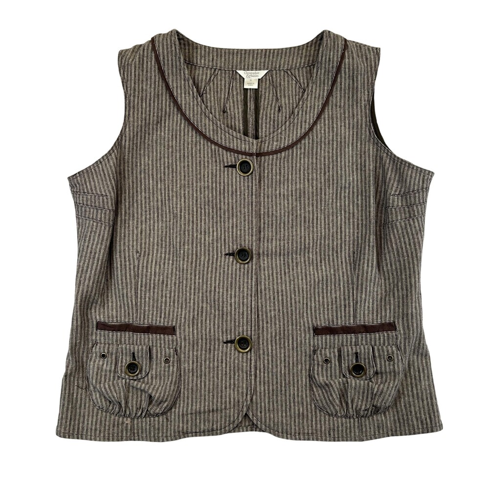 Christopher & Banks Vest Womens XL Brown Striped Cotton Linen Button Pockets Y2K